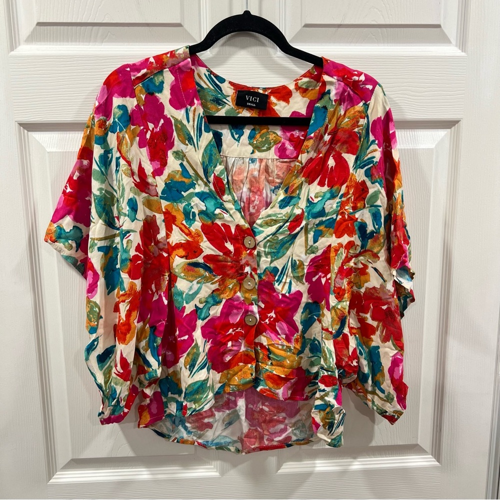 Vici Collection Tropicana Floral Kimono Top Size Small Colorful Button Front - Picture 3 of 8